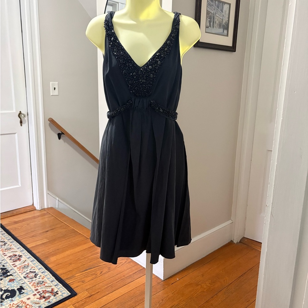 Magaschoni Navy Beaded V-Neck Cocktail Dress